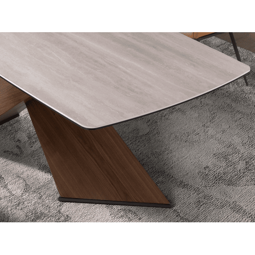 Mesa de jantar ovalada barril porcelanato areia com pés nogueira Angel Cerdá Mesa de jantar ovalada barril porcelanato areia com pés nogueira Angel Cerdá