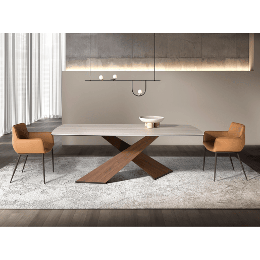 Mesa de jantar ovalada barril porcelanato areia com pés nogueira Angel Cerdá Mesa de jantar ovalada barril porcelanato areia com pés nogueira Angel Cerdá