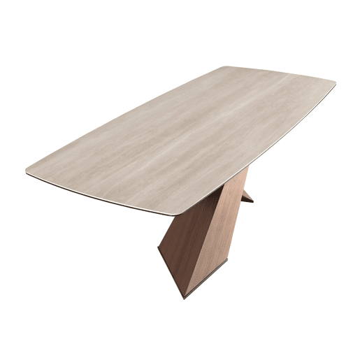 Mesa de jantar ovalada barril porcelanato areia com pés nogueira Angel Cerdá Mesa de jantar ovalada barril porcelanato areia com pés nogueira Angel Cerdá