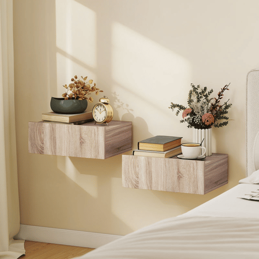 HOMCOM Conjunto de 2 Mesas de Cabeceira de Parede, Mesas de Cabeceira Flutuantes com 1 Gaveta, Estilo Moderno, Mesas Auxiliares para Quarto, Casa, Design Simples, 40x30x15 cm, Carvalho