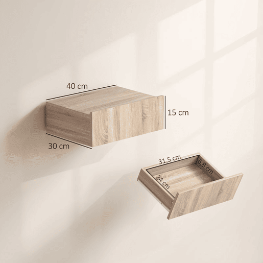 HOMCOM Conjunto de 2 Mesas de Cabeceira de Parede, Mesas de Cabeceira Flutuantes com 1 Gaveta, Estilo Moderno, Mesas Auxiliares para Quarto, Casa, Design Simples, 40x30x15 cm, Carvalho