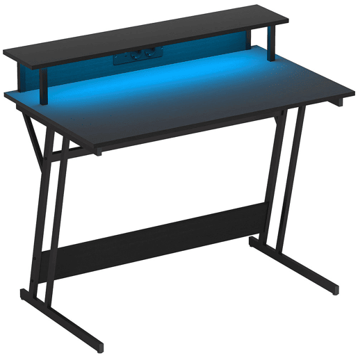 HOMCOM Mesa Gaming com Luzes LED e Tomadas Elétricas, 100x60 cm, Secretária Gaming, Mesa Gamer com Suporte para Monitor, Prateleiras e Controlo Remoto, para Escritório, Estúdio, Preto