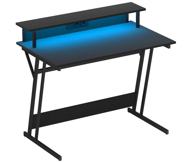 Homcom mesa gaming con luces led y tomas de corriente, 100x60 cm, escritorio gaming, mesa gamer con soporte para monitor, estantes y control remoto,