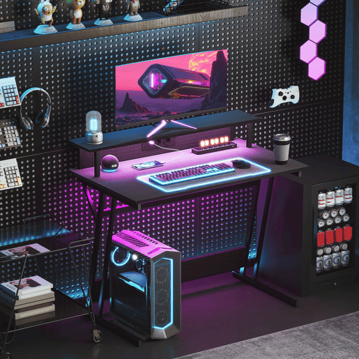HOMCOM Mesa Gaming com Luzes LED e Tomadas Elétricas, 100x60 cm, Secretária Gaming, Mesa Gamer com Suporte para Monitor, Prateleiras e Controlo Remoto, para Escritório, Estúdio, Preto