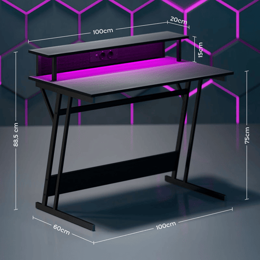 HOMCOM Mesa Gaming com Luzes LED e Tomadas Elétricas, 100x60 cm, Secretária Gaming, Mesa Gamer com Suporte para Monitor, Prateleiras e Controlo Remoto, para Escritório, Estúdio, Preto