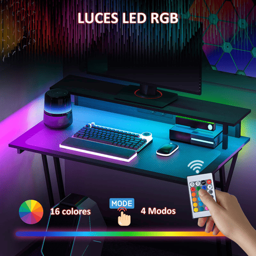 HOMCOM Mesa Gaming com Luzes LED e Tomadas Elétricas, 100x60 cm, Secretária Gaming, Mesa Gamer com Suporte para Monitor, Prateleiras e Controlo Remoto, para Escritório, Estúdio, Preto