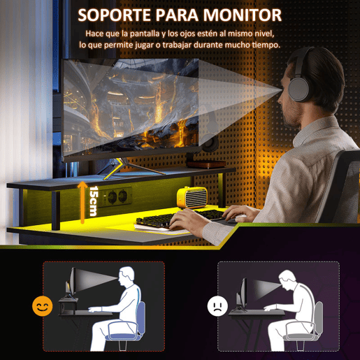 HOMCOM Mesa Gaming com Luzes LED e Tomadas Elétricas, 100x60 cm, Secretária Gaming, Mesa Gamer com Suporte para Monitor, Prateleiras e Controlo Remoto, para Escritório, Estúdio, Preto