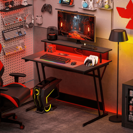 HOMCOM Mesa Gaming com Luzes LED e Tomadas Elétricas, 100x60 cm, Secretária Gaming, Mesa Gamer com Suporte para Monitor, Prateleiras e Controlo Remoto, para Escritório, Estúdio, Preto