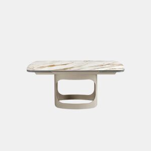 Mesa de jantar extensível ovalada 180 a 260 cm porcelanato tipo mármore e pernas em aço cor areia