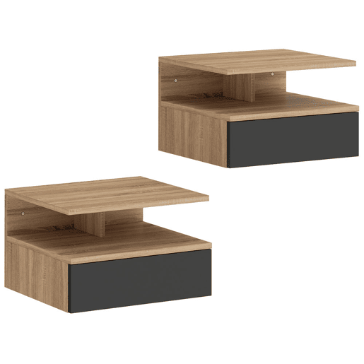 HOMCOM Conjunto de 2 Mesas de Cabeceira Suspensas com Gaveta Mesas Modernas de Quarto Montadas na Parede 35x32x22,5 cm Carvalho e Preto