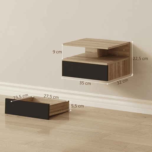 HOMCOM Conjunto de 2 Mesas de Cabeceira Suspensas com Gaveta Mesas Modernas de Quarto Montadas na Parede 35x32x22,5 cm Carvalho e Preto