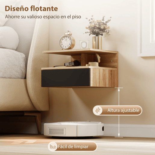 HOMCOM Conjunto de 2 Mesas de Cabeceira Suspensas com Gaveta Mesas Modernas de Quarto Montadas na Parede 35x32x22,5 cm Carvalho e Preto