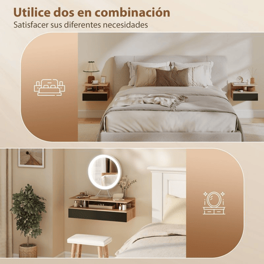 HOMCOM Conjunto de 2 Mesas de Cabeceira Suspensas com Gaveta Mesas Modernas de Quarto Montadas na Parede 35x32x22,5 cm Carvalho e Preto