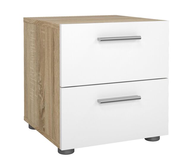 Mesita de noche Segre Oak con 2 cajones, roble patinado y blanco alto brillo, 40 x 41 x 43 cm