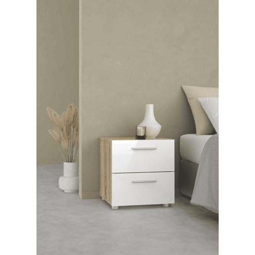 Mesa de cabeceira Segre Oak com 2 gavetas, carvalho patinado e branco alto brilho, 40 x 41 x 43 cm Mesa de cabeceira Segre Oak com 2 gavetas, carvalho patinado e branco alto brilho, 40 x 41 x 43 cm