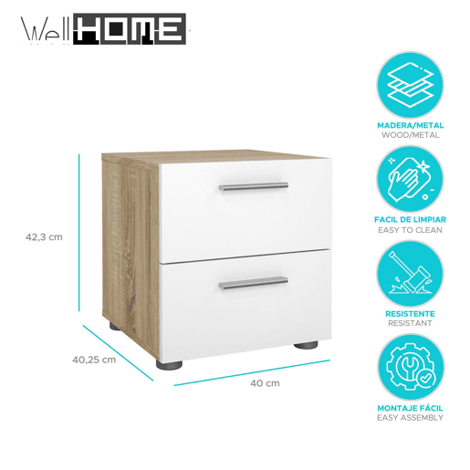 Mesa de cabeceira Segre Oak com 2 gavetas, carvalho patinado e branco alto brilho, 40 x 41 x 43 cm Mesa de cabeceira Segre Oak com 2 gavetas, carvalho patinado e branco alto brilho, 40 x 41 x 43 cm