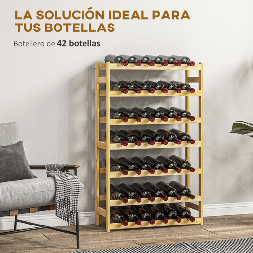 HOMCOM Garrafeira de Madeira para 42 Garrafas Garrafeira para Vinho de 7 Níveis para Cozinha Sala de Jantar, Bar 63x25x102 cm Madeira