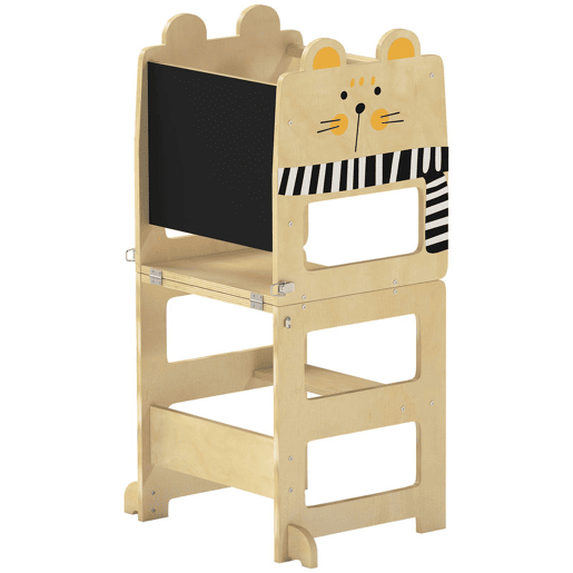 AIYAPLAY Torre de Aprendizagem 3 em 1 Dobrável Conversível em Secretária e Cadeira Banqueta de Aprendizagem para Crianças de 2-5 Anos com Quadro Estampado de Gatos para Casa de Banho Cozinha Madeira