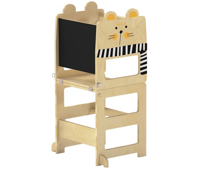 Aiyaplay torre de aprendizaje 3 en 1 plegable, convertible en escritorio y silla, taburete de aprendizaje para niños de 2-5 años con pizarra, dibujos de gatos, para baño, cocina, natural