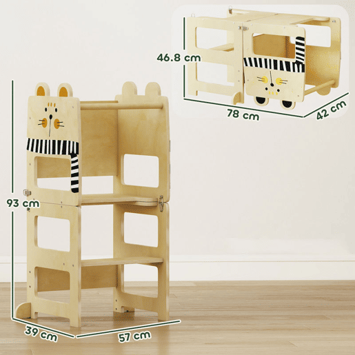 AIYAPLAY Torre de Aprendizagem 3 em 1 Dobrável Conversível em Secretária e Cadeira Banqueta de Aprendizagem para Crianças de 2-5 Anos com Quadro Estampado de Gatos para Casa de Banho Cozinha Madeira