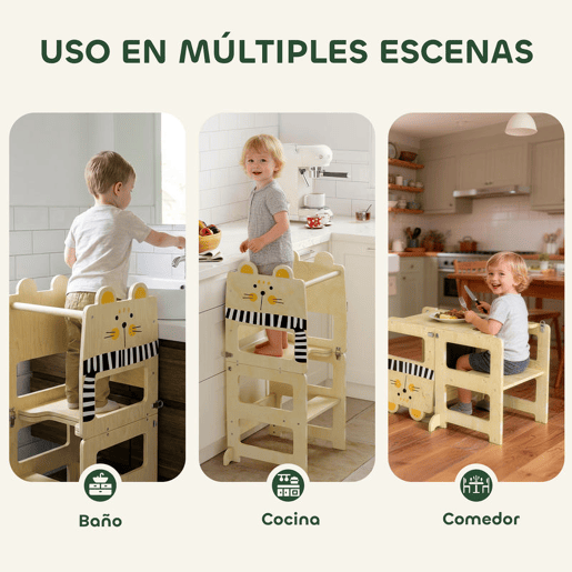 AIYAPLAY Torre de Aprendizagem 3 em 1 Dobrável Conversível em Secretária e Cadeira Banqueta de Aprendizagem para Crianças de 2-5 Anos com Quadro Estampado de Gatos para Casa de Banho Cozinha Madeira