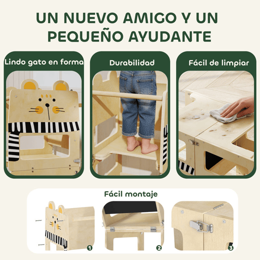 AIYAPLAY Torre de Aprendizagem 3 em 1 Dobrável Conversível em Secretária e Cadeira Banqueta de Aprendizagem para Crianças de 2-5 Anos com Quadro Estampado de Gatos para Casa de Banho Cozinha Madeira