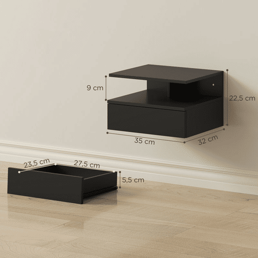 HOMCOM Conjunto de 2 Mesas de Cabeceira Suspensas com Gaveta Mesas de Cabeceira Modernas para Quarto Montadas na Parede 35x32x22,5 cm Preto