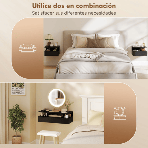 HOMCOM Conjunto de 2 Mesas de Cabeceira Suspensas com Gaveta Mesas de Cabeceira Modernas para Quarto Montadas na Parede 35x32x22,5 cm Preto