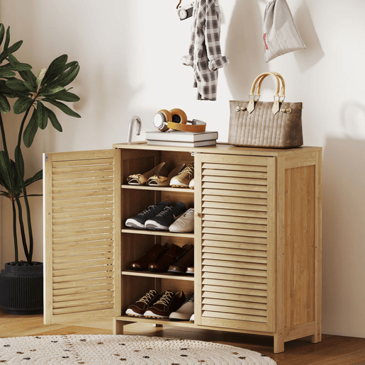 HOMCOM Móvel Sapateira de Bambu Armário para Sapatos com Portas de Ripas Prateleiras Ajustáveis para 14 Pares de Sapatos Sapateira para Entrada 80x35x80 cm Madeira