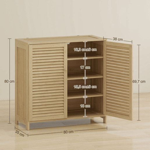 HOMCOM Móvel Sapateira de Bambu Armário para Sapatos com Portas de Ripas Prateleiras Ajustáveis para 14 Pares de Sapatos Sapateira para Entrada 80x35x80 cm Madeira