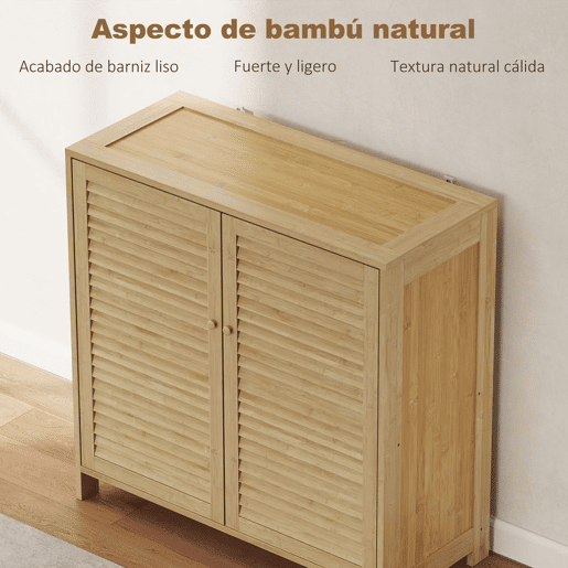 HOMCOM Móvel Sapateira de Bambu Armário para Sapatos com Portas de Ripas Prateleiras Ajustáveis para 14 Pares de Sapatos Sapateira para Entrada 80x35x80 cm Madeira