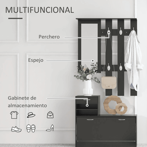 HOMCOM Móvel Cabide de Entrada com Espelh, Cabide e Sapateira Móveis de Entrada de 2 Peças com 6 Ganchos Prateleira e Gaveta Preto