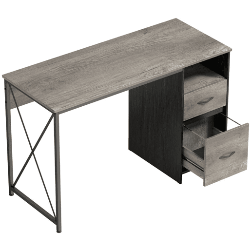 HOMCOM Mesa Gaming 120x50 cm Secretária Gaming Industrial Mesa Gamer com Compartimento e 2 Gavetas para A4 Cartas para Escritório Estúdio Cinzento Claro