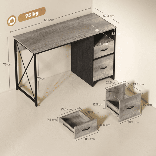 HOMCOM Mesa Gaming 120x50 cm Secretária Gaming Industrial Mesa Gamer com Compartimento e 2 Gavetas para A4 Cartas para Escritório Estúdio Cinzento Claro