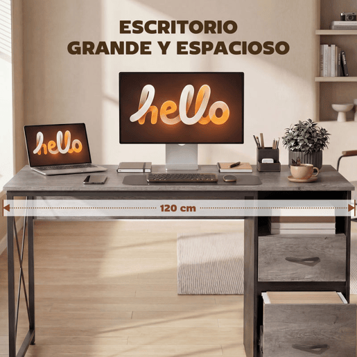 HOMCOM Mesa Gaming 120x50 cm Secretária Gaming Industrial Mesa Gamer com Compartimento e 2 Gavetas para A4 Cartas para Escritório Estúdio Cinzento Claro