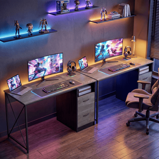 HOMCOM Mesa Gaming 120x50 cm Secretária Gaming Industrial Mesa Gamer com Compartimento e 2 Gavetas para A4 Cartas para Escritório Estúdio Cinzento Claro