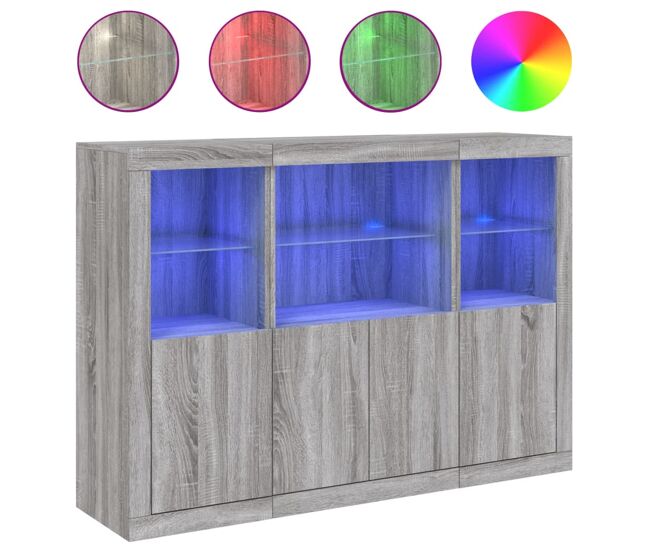 Aparador - mueble de almacenamiento con luz led 3 pzas madera de ingeniería gris sonoma es2100