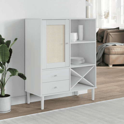 Armários altos - Bufete - Móvel de apoio aspeto vime 90x40x112 cm pinho maciço branco pt1622