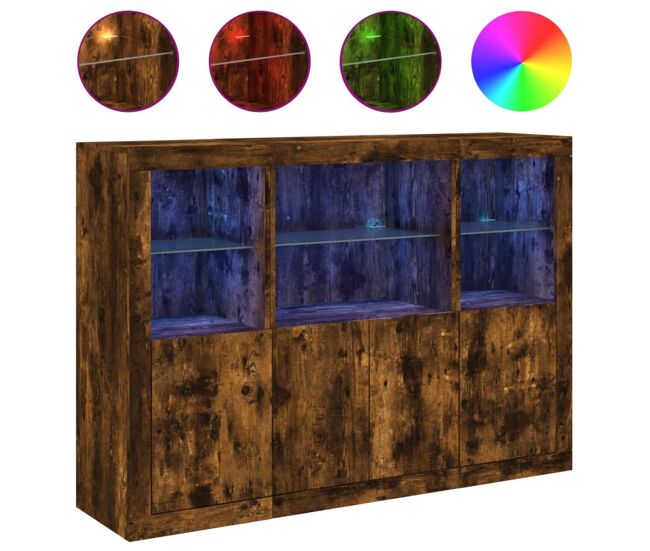 Aparador - mueble de almacenamiento con luz led 3 pzas madera de ingeniería roble ahumado es2105
