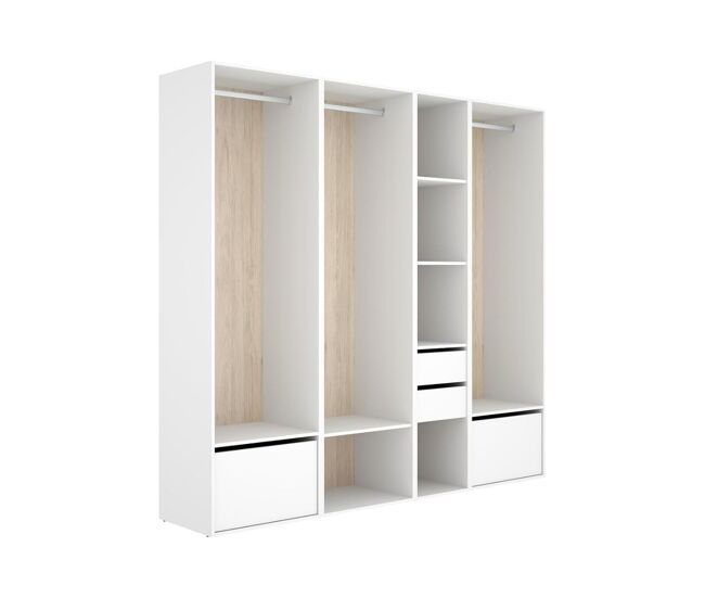 Armario vestidor suit 3 barras con 2 cajones y 2 zapateros blanco/natural 205x218x45 cm