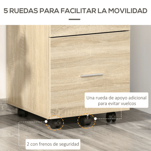 HOMCOM Arquivador para Escritório com 2 Compartimentos Bloco de Gaveta de com Rodas Móvel Arquivador para Arquivos A4 ou Documentos 39,5x39x58,5 cm Carvalho