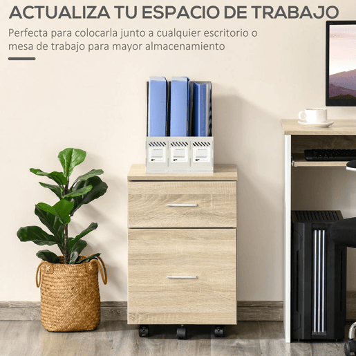HOMCOM Arquivador para Escritório com 2 Compartimentos Bloco de Gaveta de com Rodas Móvel Arquivador para Arquivos A4 ou Documentos 39,5x39x58,5 cm Carvalho