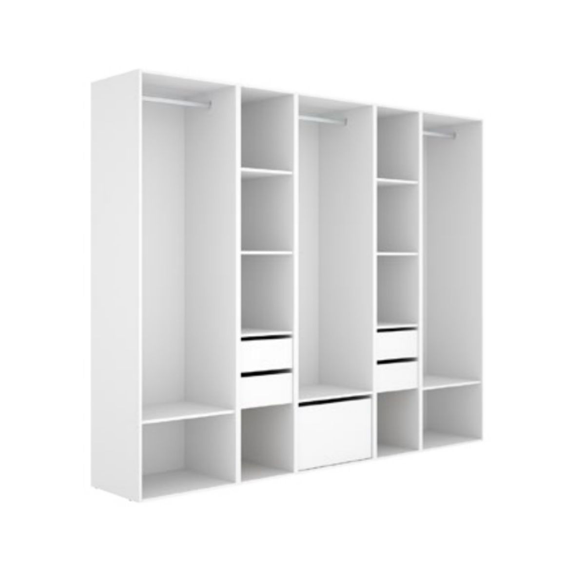Armario vestidor suit 3 barras con 4 cajones y zapatero blanco/natural 205x256x45 cm