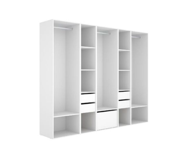 Armario vestidor suit 3 barras con 4 cajones y zapatero blanco/natural 205x256x45 cm
