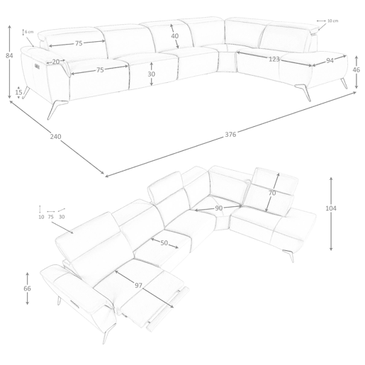 Sofá chaise longue relax modular direito 5 lugares pele castanha Angel Cerdá