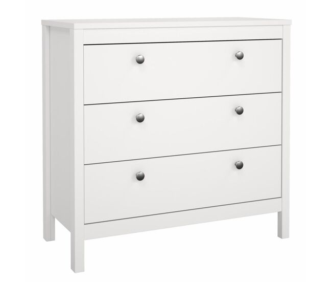 Cómoda , Cajonera Dormitorio Guadalquivir con 3 Cajones y Tiradores de Metal o Cuero,Color Blanco, 83 x 39 x 80 cm