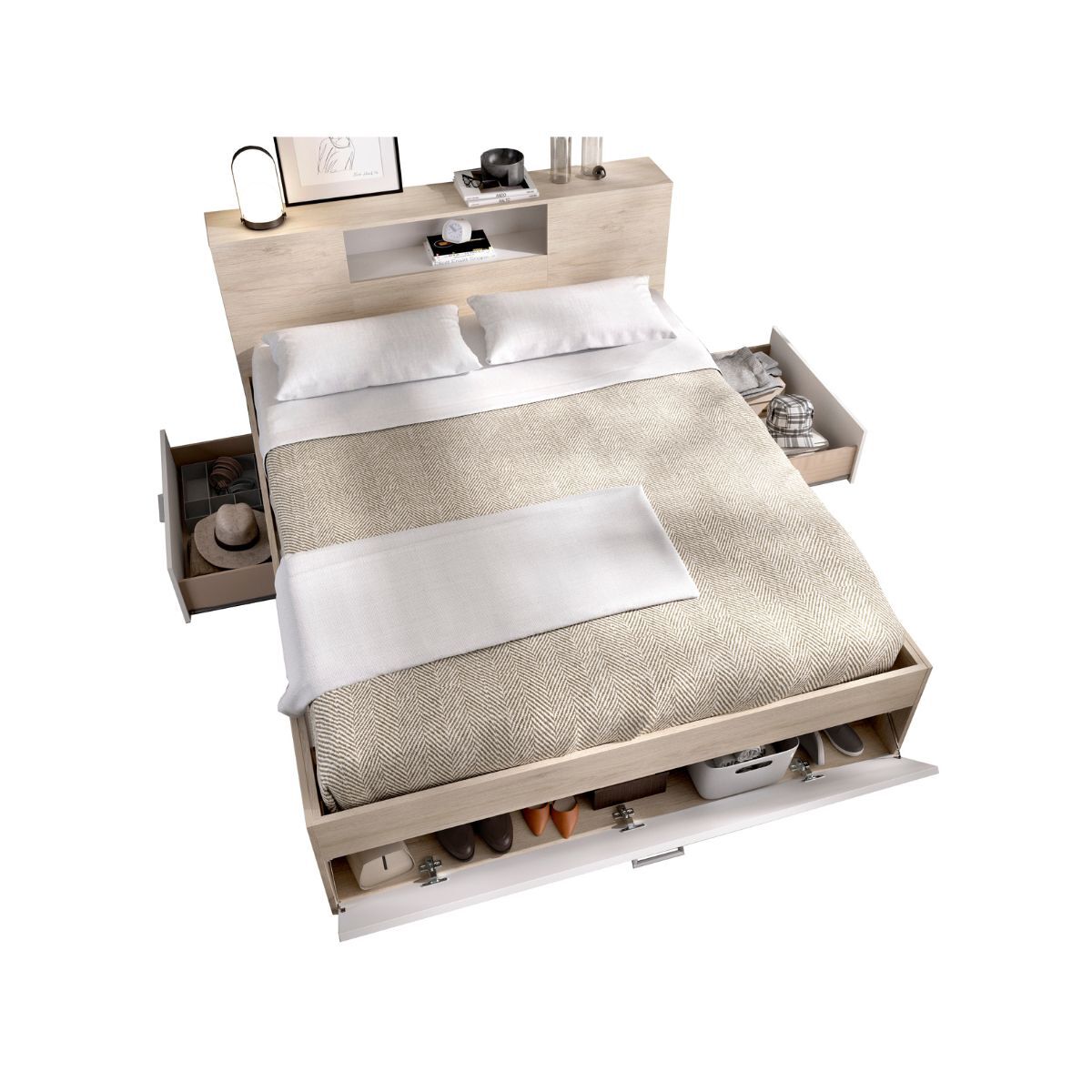 Cama Lanka cabecero estantería 147x219 Natural/ Blanco