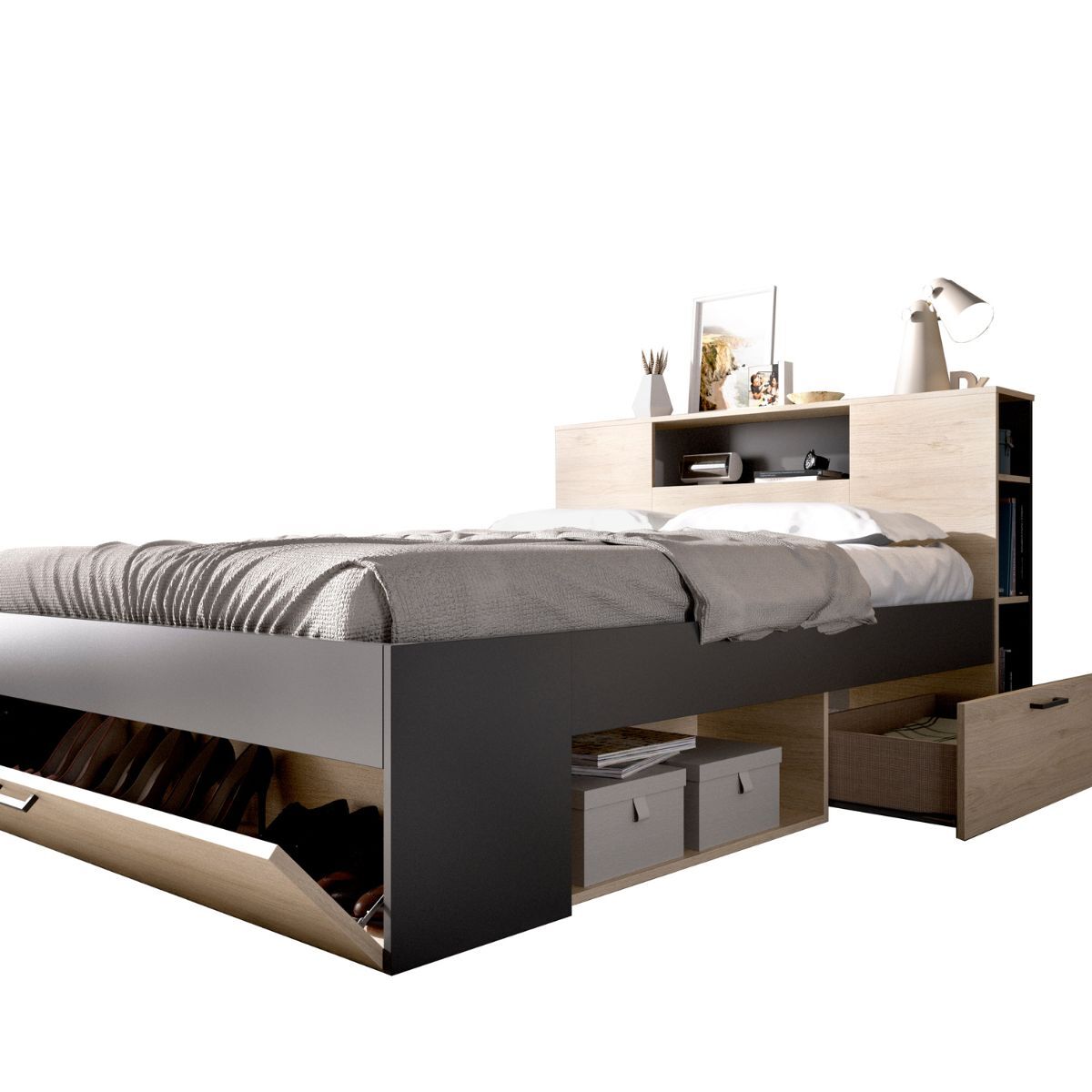 Cama Lanka cabecero estantería 147x219 Grafito