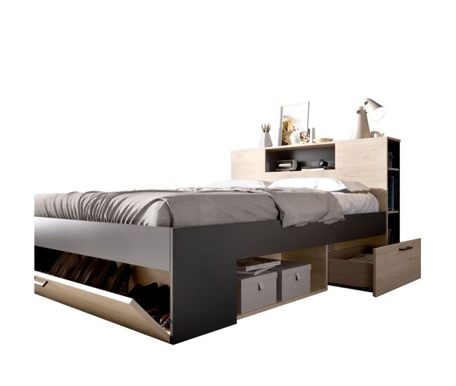 Cama lanka cabecero estantería natural/grafito 95x147x219 cm