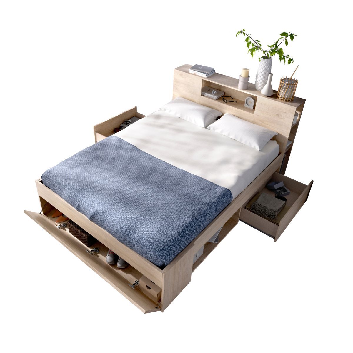 Cama Lanka cabecero estantería 147x219 Natural